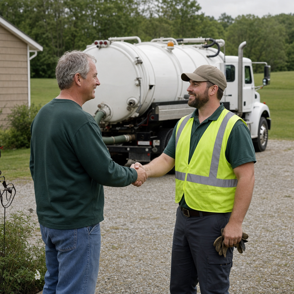 A septic technician shaking a North Las Vegas homeowner's hand beside the service truck after a completed pump-out