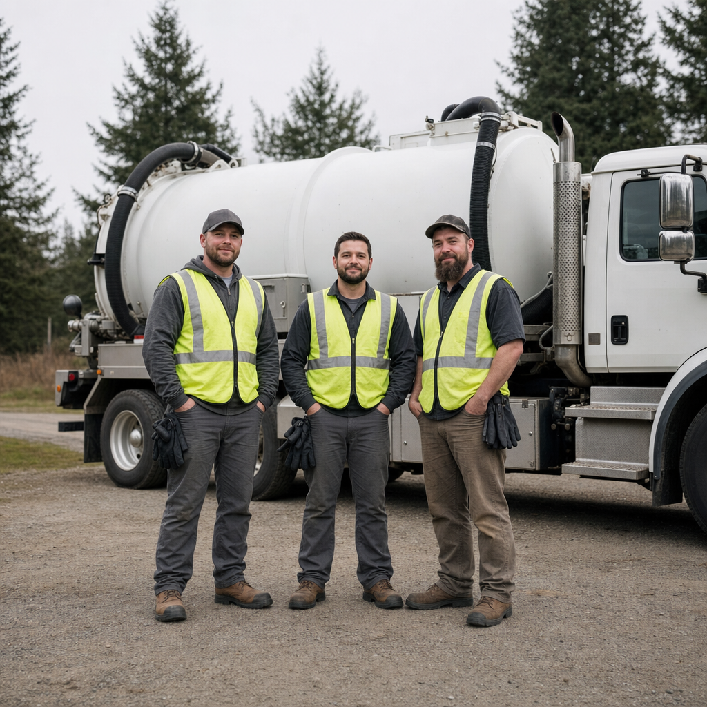 The North Las Vegas septic pumping crew standing together beside their clean white vacuum truck on a residential street