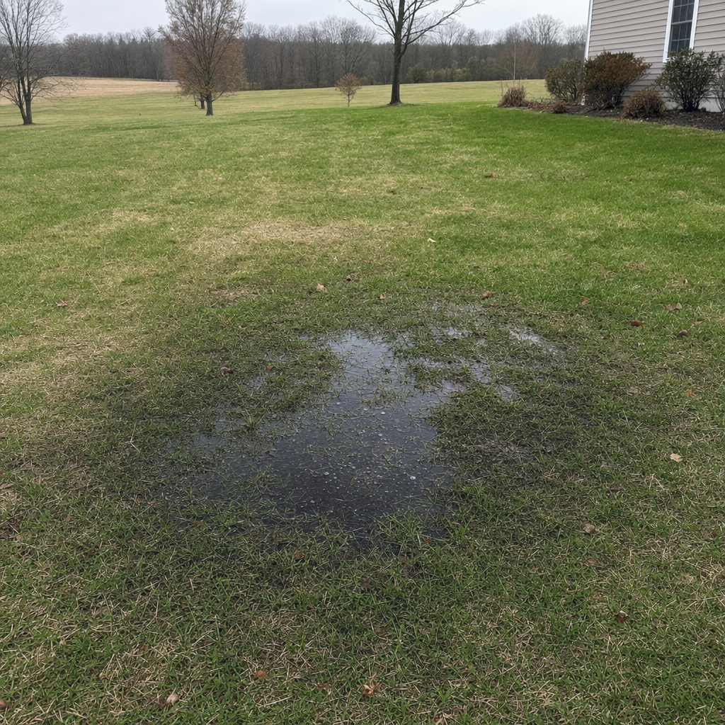 A dark, saturated wet spot in a North Las Vegas backyard lawn marking a failing cesspool at capacity