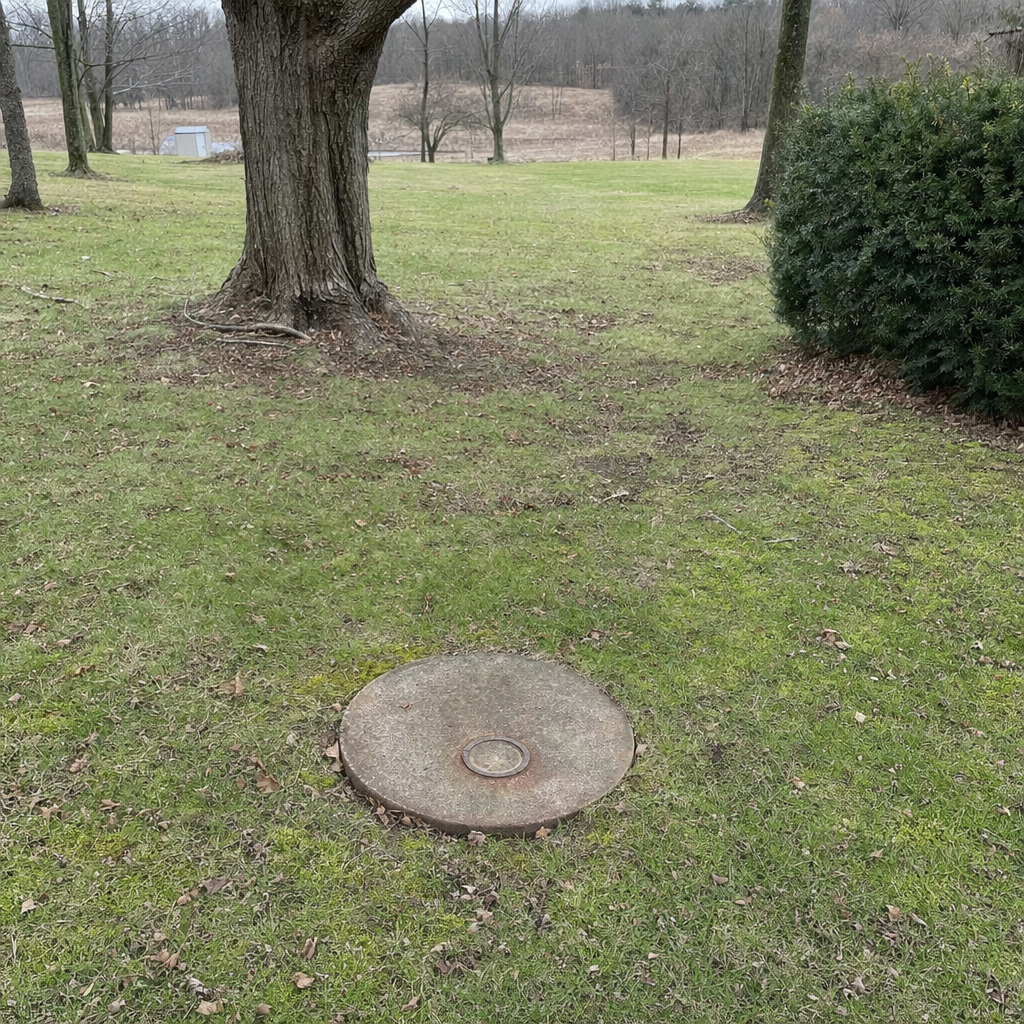 An older round cesspool access lid set flush in an established, mature North Las Vegas backyard lawn