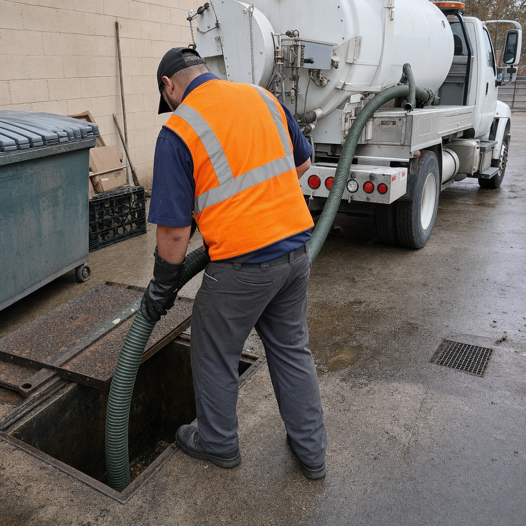 Technician pumping a grease trap behind a North Las Vegas restaurant