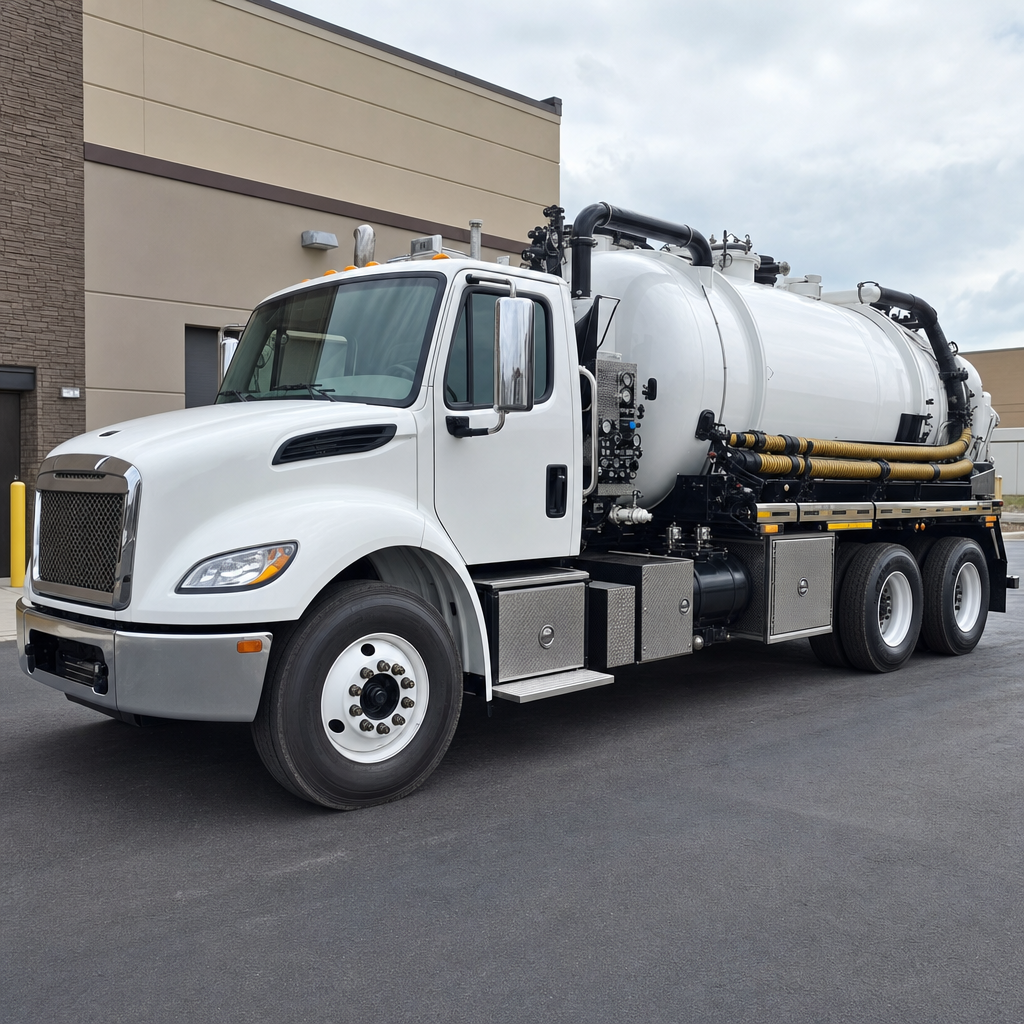 Commercial septic vacuum truck parked in a North Las Vegas business parking lot