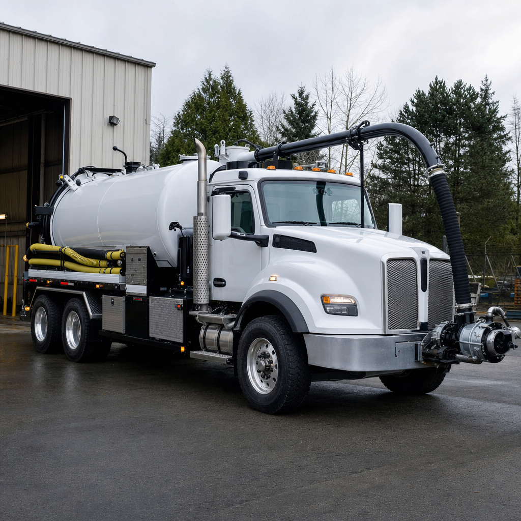 A clean white septic vacuum truck rolling out of a tidy North Las Vegas service depot at the start of the day