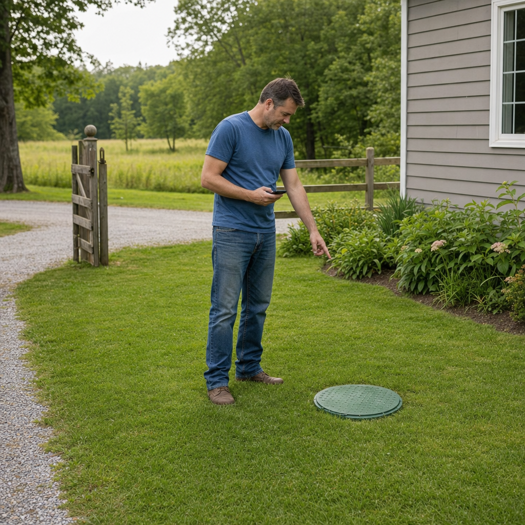 A North Las Vegas-area homeowner standing in the backyard noting where the septic tank lid and access route are located