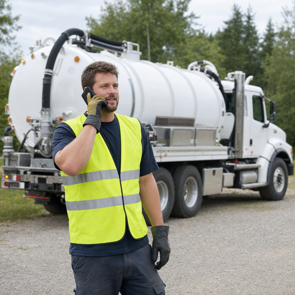 A friendly septic dispatcher holding a phone, ready to answer a North Las Vegas homeowner's call about a pump-out