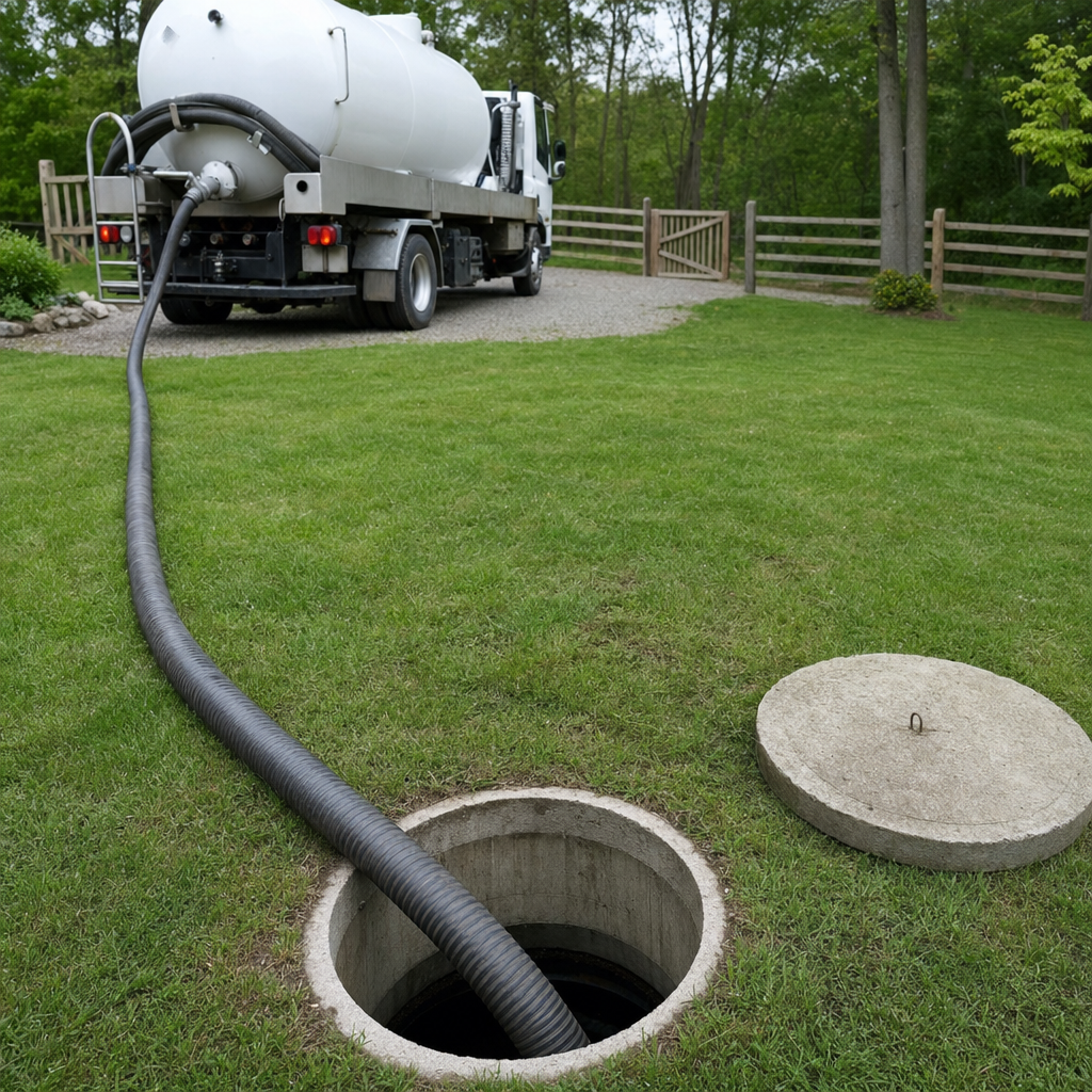 Suction hose connected to an open septic tank, drawing it down in a tidy North Las Vegas yard
