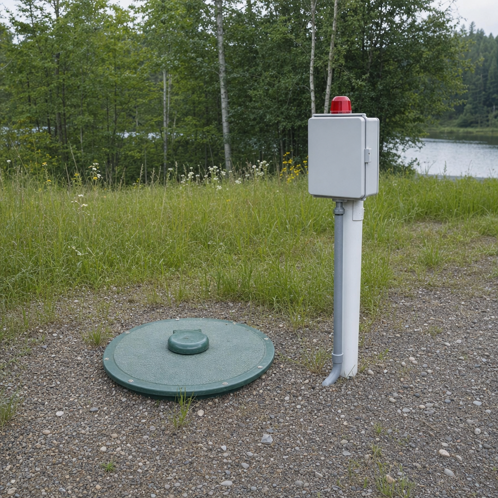 A wastewater holding tank access lid set in the ground at a rural North Las Vegas-area cabin, with a mounted high-level float alarm panel nearby