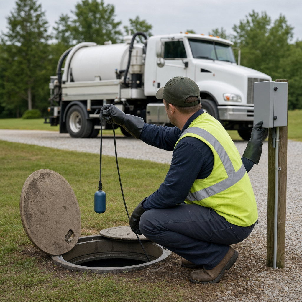 A septic technician in a high-visibility vest checking a high-level float switch and alarm panel on a holding tank at a rural North Las Vegas-area site