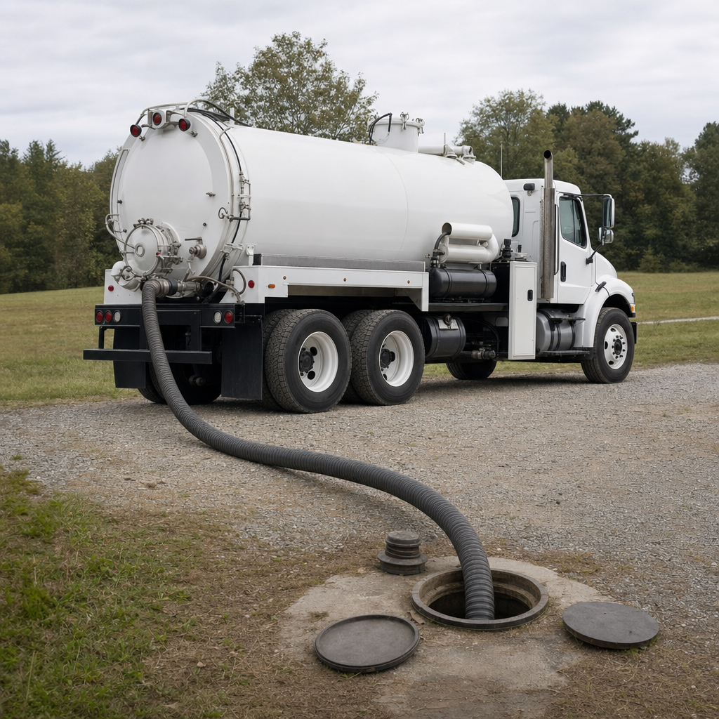 An unmarked white vacuum truck emptying a wastewater holding tank on a scheduled visit at a rural North Las Vegas-area property, thick suction hose running to the tank lid