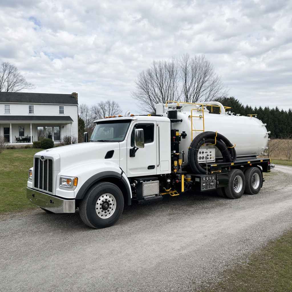 A clean white septic vacuum truck parked on a tidy North Las Vegas driveway with the suction hose neatly coiled