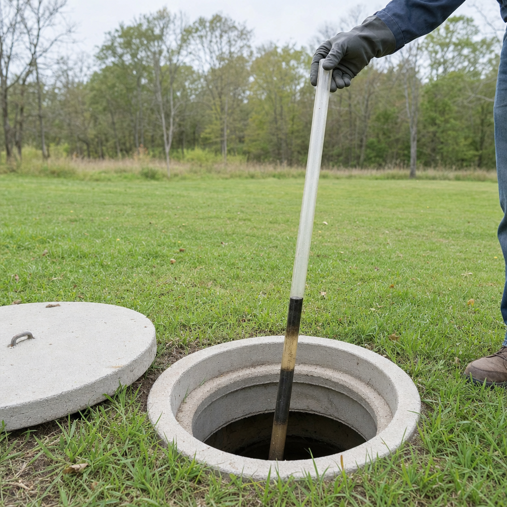 A septic sludge-judge measuring stick lowered into an open North Las Vegas septic tank to read the depth of the sludge and scum layers before deciding whether a pump-out is due