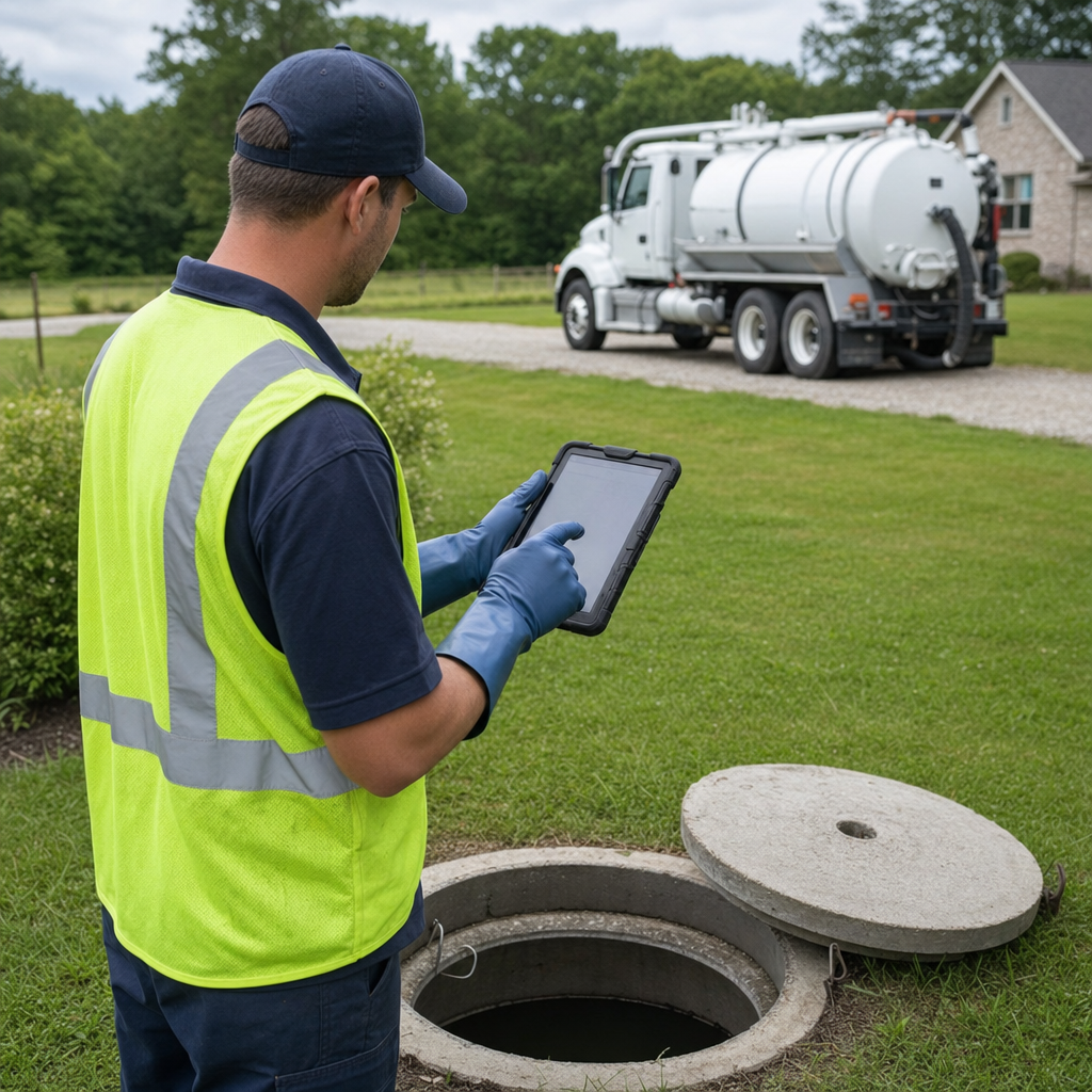A septic technician recording a North Las Vegas home's pump-out date and tank condition on a tablet beside an open access lid, tracking the service history that sets the next due date