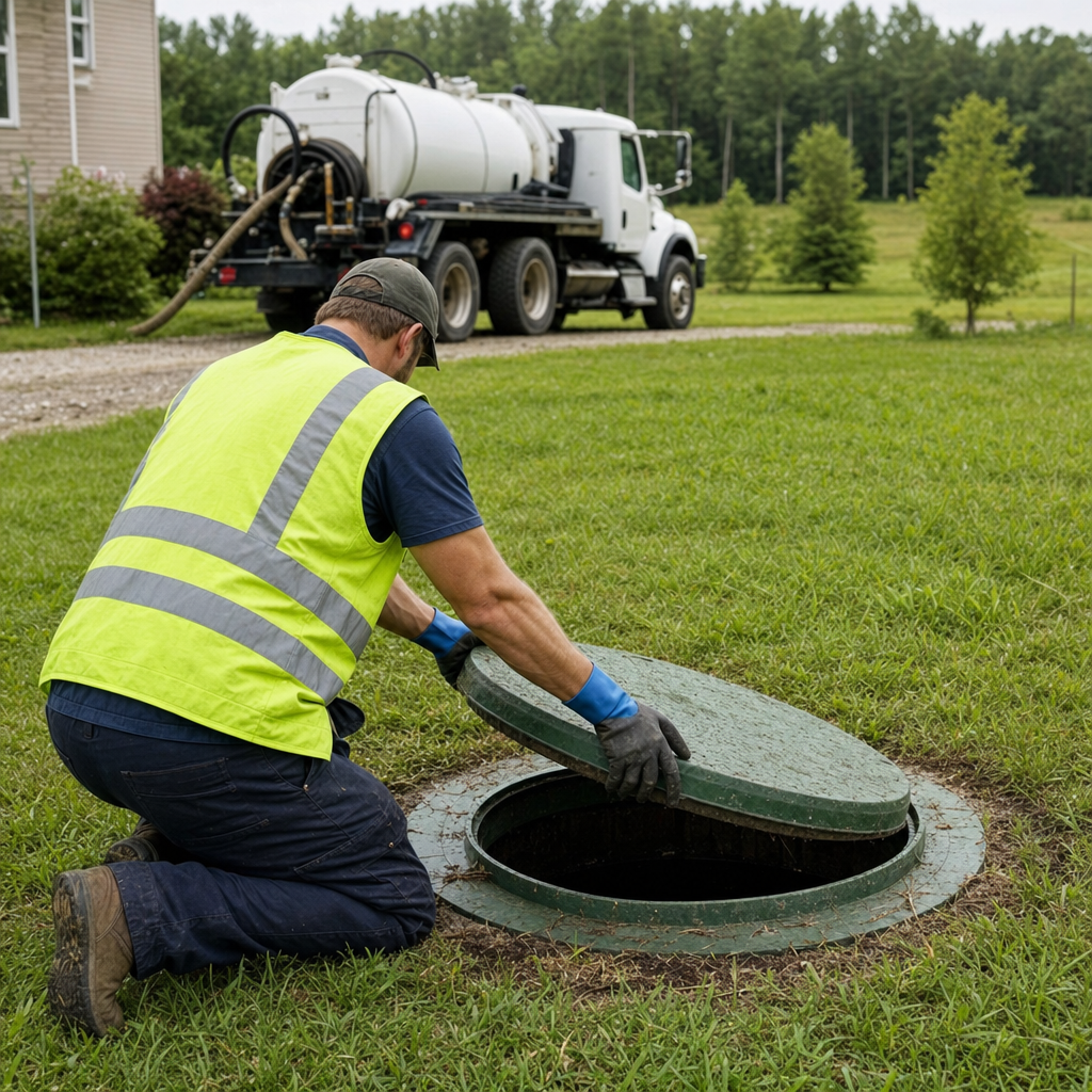 Septic technician kneeling on a North Las Vegas lawn, lifting the access lid on a residential septic tank