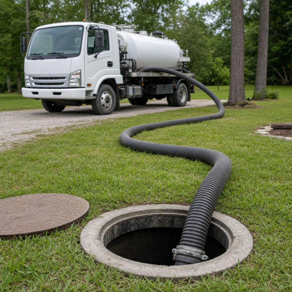 Thick ribbed suction hose lowered into a clean open septic tank port on a tidy North Las Vegas backyard lawn