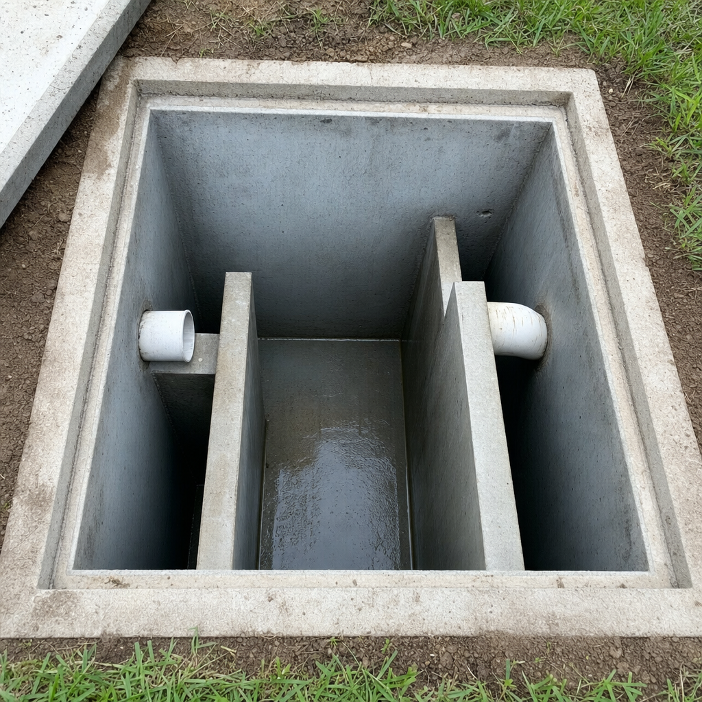 Inspection of the concrete baffles inside an open, emptied and freshly cleaned North Las Vegas septic tank