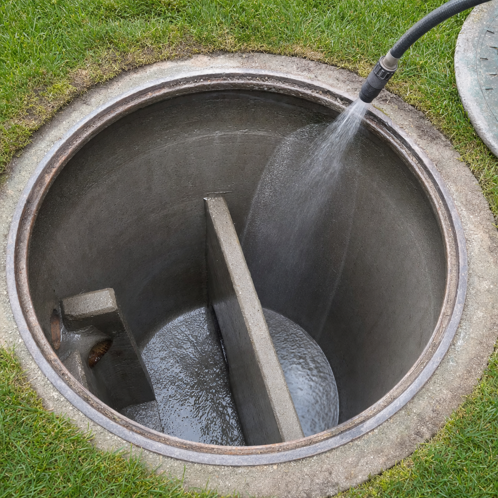 Interior concrete walls of an emptied North Las Vegas septic tank being rinsed clean with the truck's onboard water hose