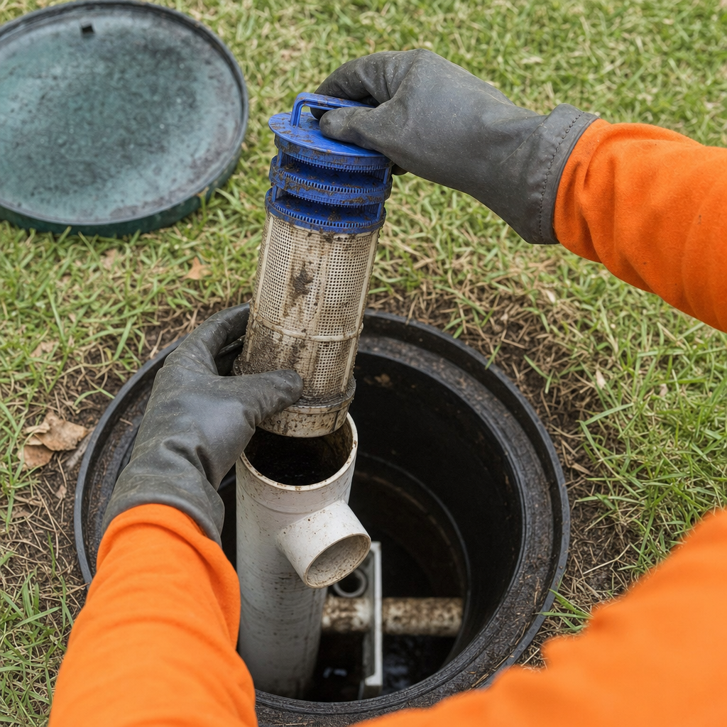 Septic technician's gloved hands lifting the effluent filter cartridge out of the outlet housing on a North Las Vegas septic tank