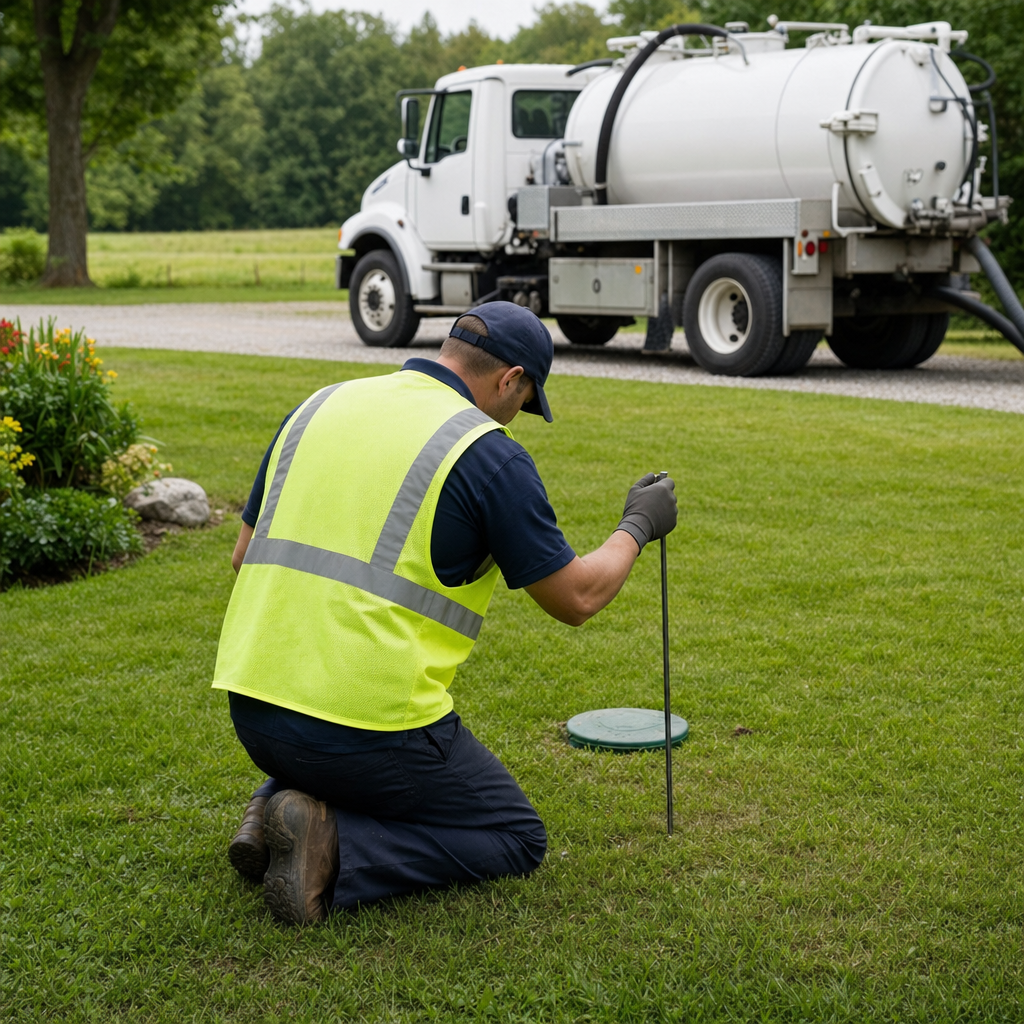Septic technician kneeling on a North Las Vegas lawn, probing to locate and measure the depth of a buried septic tank lid before pumping