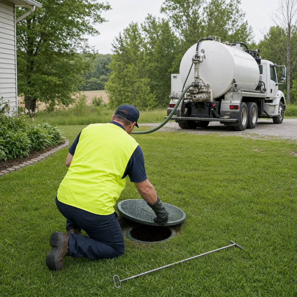 Septic technician kneeling on a North Las Vegas lawn, lifting the buried access lid on a residential septic tank