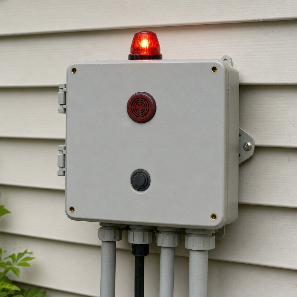 An aerobic septic system control panel mounted outside a North Las Vegas home with its red high-water alarm light lit
