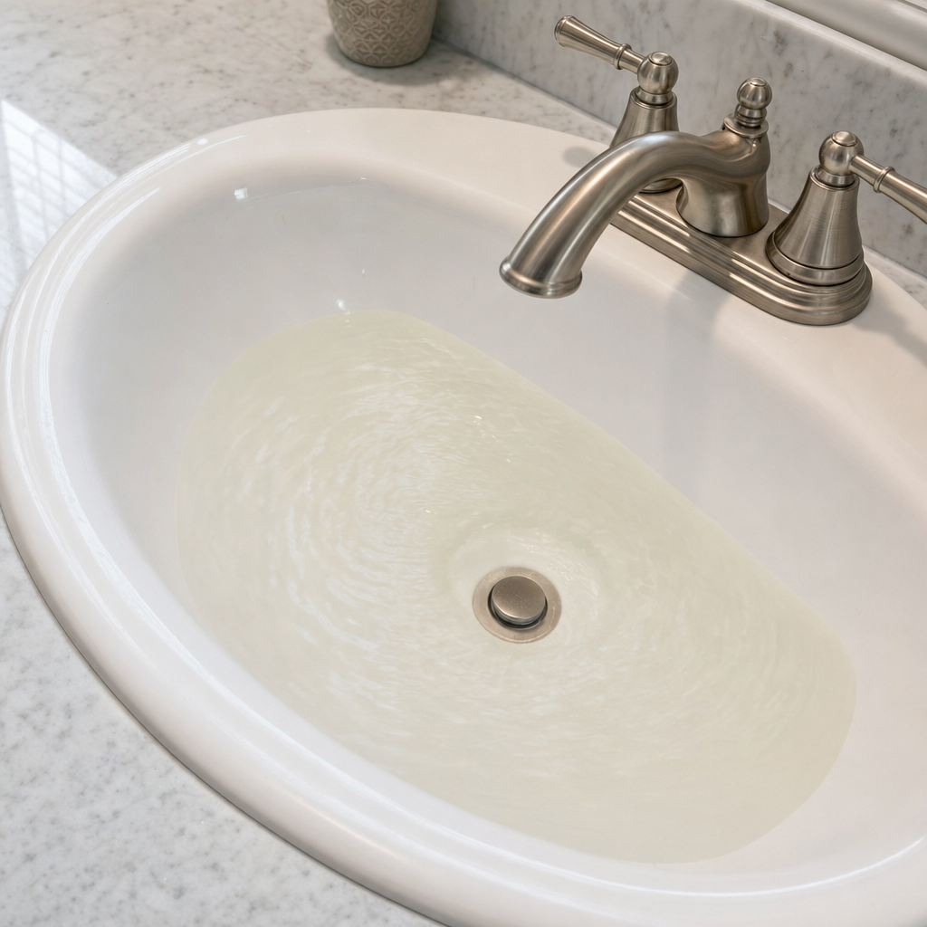 A bathroom sink draining slowly with water pooled in the basin, an early warning sign that a North Las Vegas septic tank is full